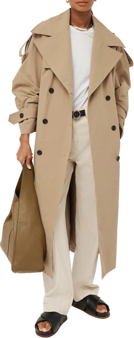 Women Oversized Long Trench Coat Double Breasted Lapel Windproof Overcoat with Belt