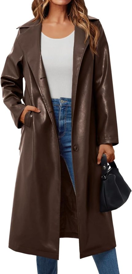 Women Long Leather Jackets Trench Coat Blazer Lapel Faux Open Front with Belt